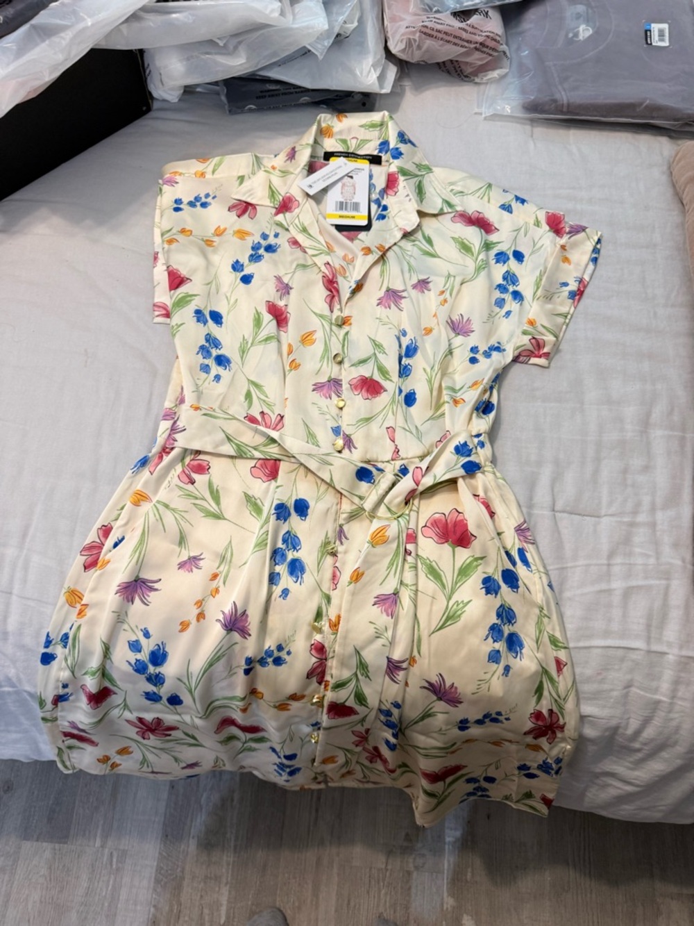 French Connection Cream Floral Button-Up Dress with Multicolor Blooms
